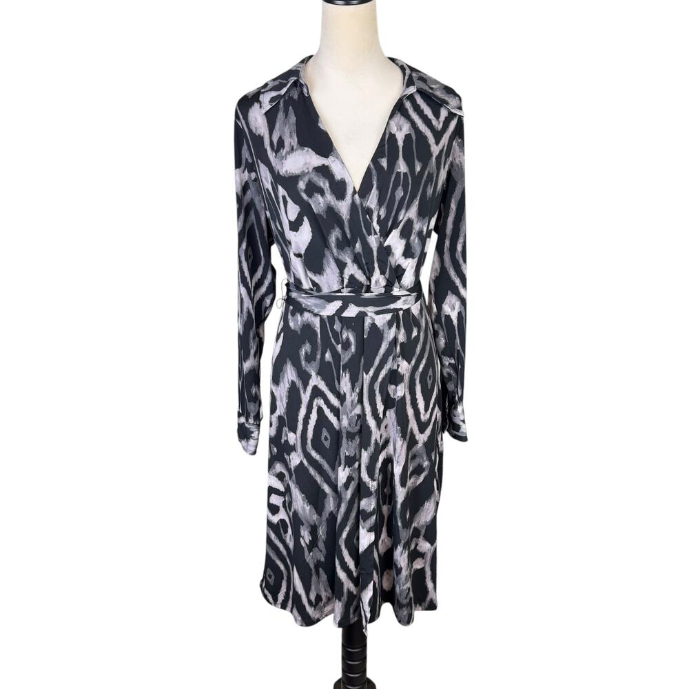 Lane Bryant NWT Black Gray Ikat Print Long Sleeve V-neck Mini Faux Wrap Dress